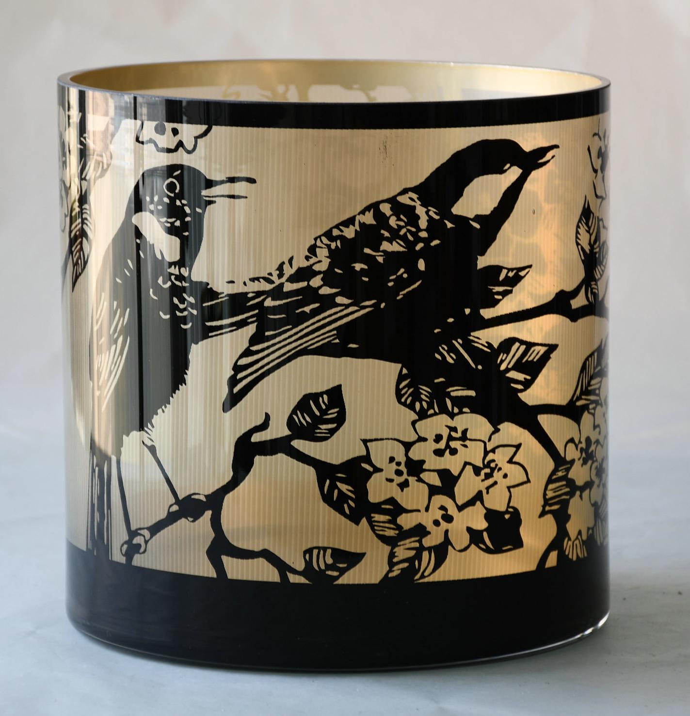 GL.-TEALIGHT "BIRDS" 15/H.15CM BLACK/GOL