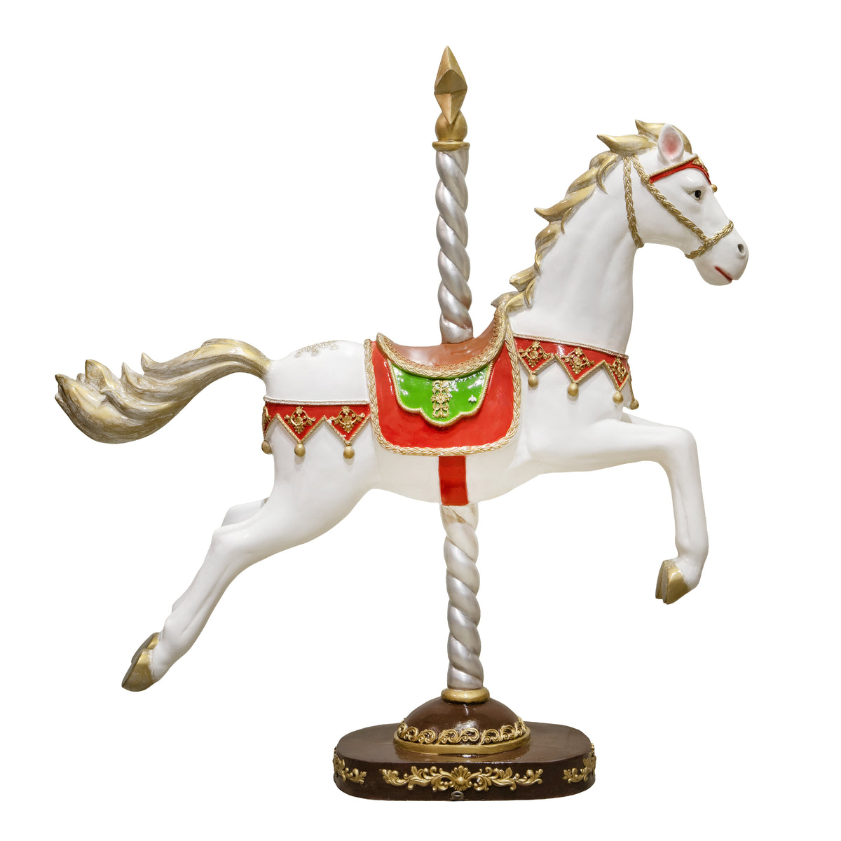 WHITE FIBERGLASS CAROUSEL HORSE WITH ORN