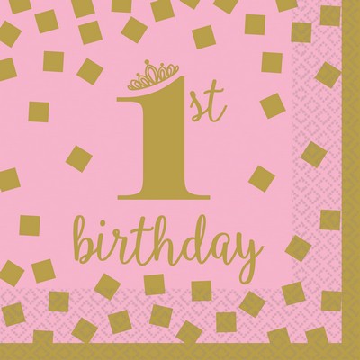 16 NAPKINS 1ST BIRTHDAY PINK & GOLD 25CM