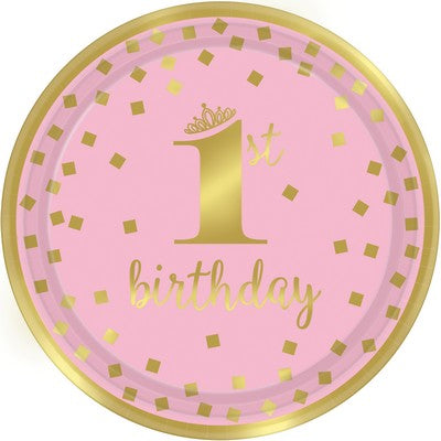 8 PLATES 1ST BIRTHDAY PINK & GOLD 23CM