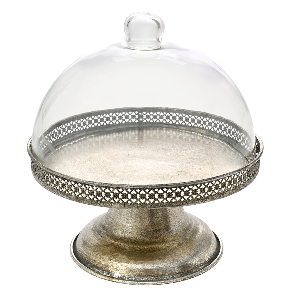 ANTIQUE SILVER METAL CAKE STAND WITH GLA