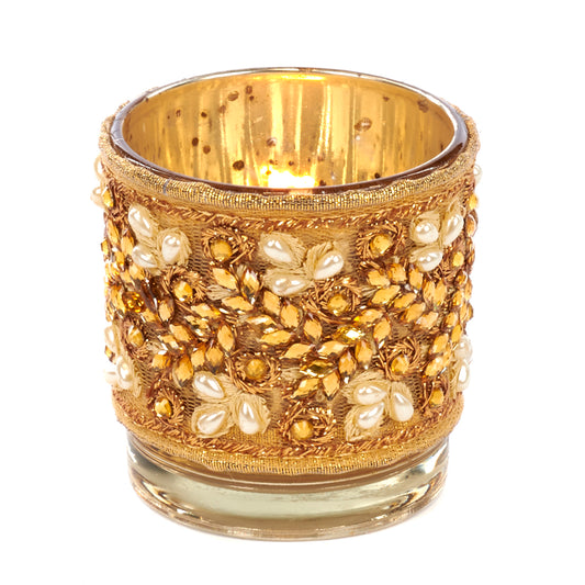 GLSS/FABR.JEWEL/PEARL CYL.VOTIVE TT GLD