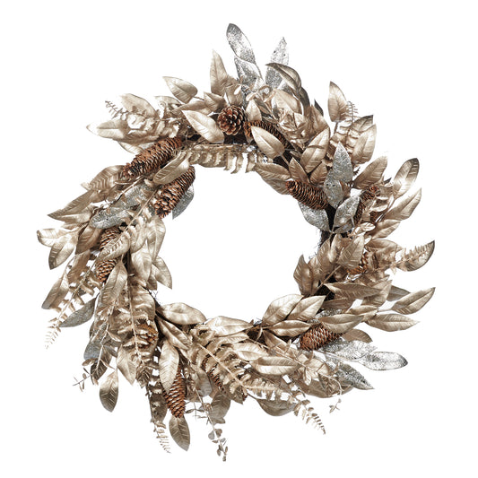 METALL.LEAF/PINECONE WREATH CHAMP/BRWN 6
